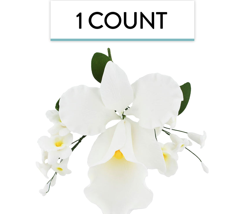 Orchid Sugar Cake Flower Sprays, White Cattleya Arched Orchid Spray, by Global Sugar Art
