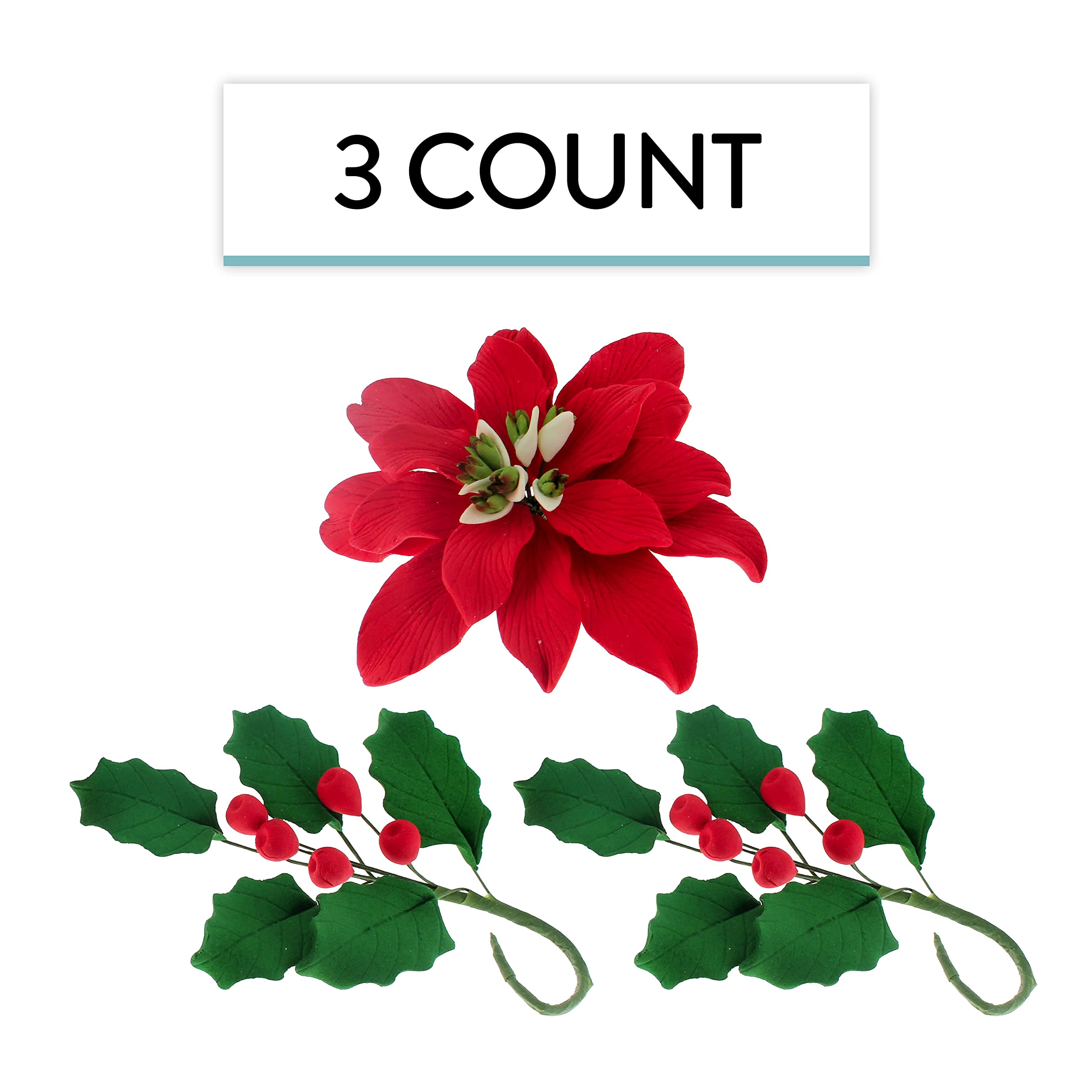 Poinsettia Sugar Flower & Holly Leaf Spray Kit for Cakes, by Global Sugar Art, Large with Berries