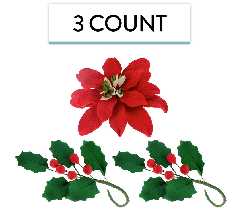 Poinsettia Sugar Flower & Holly Leaf Spray Kit for Cakes, by Global Sugar Art, Large with Berries