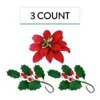 Poinsettia Sugar Flower & Holly Leaf Spray Kit for Cakes, by Global Sugar Art, Large with Berries