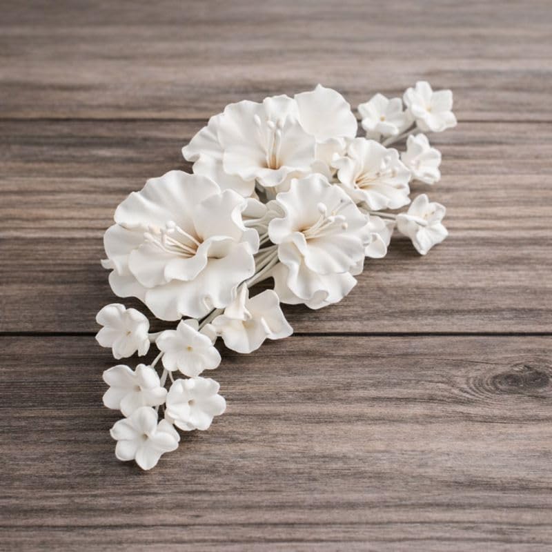 Flower Blossom Spray, Gum Paste Sugar Flowers for Cake Decorating, White Cherry Blossoms with Leaves