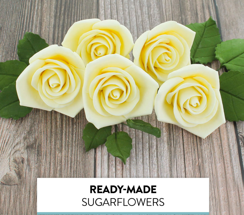 Peace Rose Sugar Flowers with Leaves, Cake Decorating Kit, by Global Sugar Art, Medium, Yellow