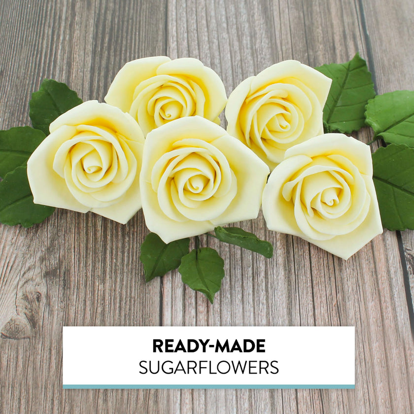 Peace Rose Sugar Flowers with Leaves, Cake Decorating Kit, by Global Sugar Art, Medium, Yellow