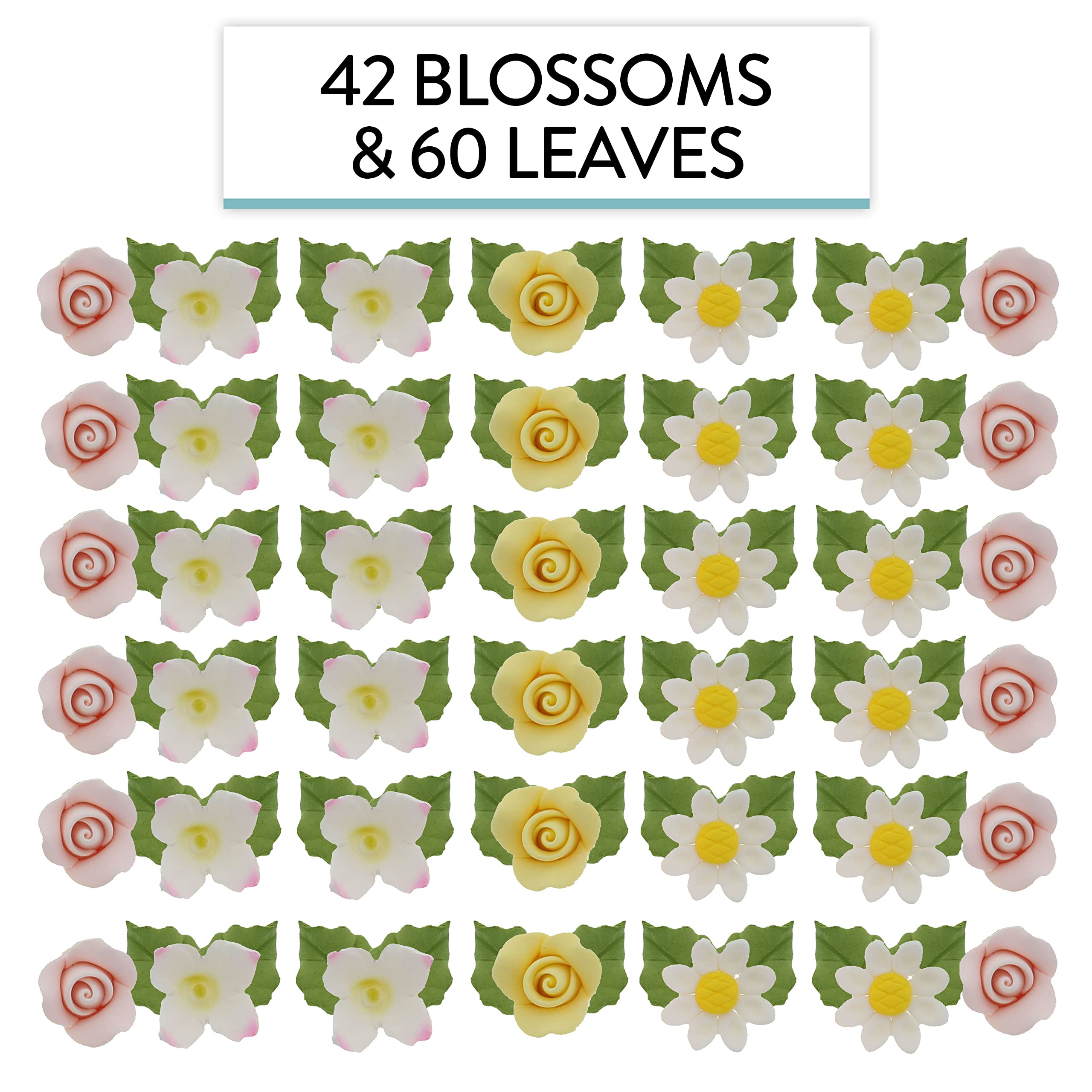 Roses, Blossoms & Leaves Gum Paste Cake Flowers 42 Count Sugar Flowers by Global Sugar Art