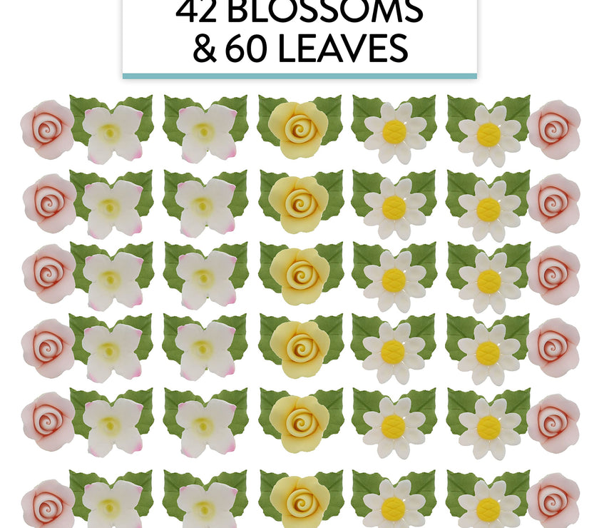 Roses, Blossoms & Leaves Gum Paste Cake Flowers 42 Count Sugar Flowers by Global Sugar Art