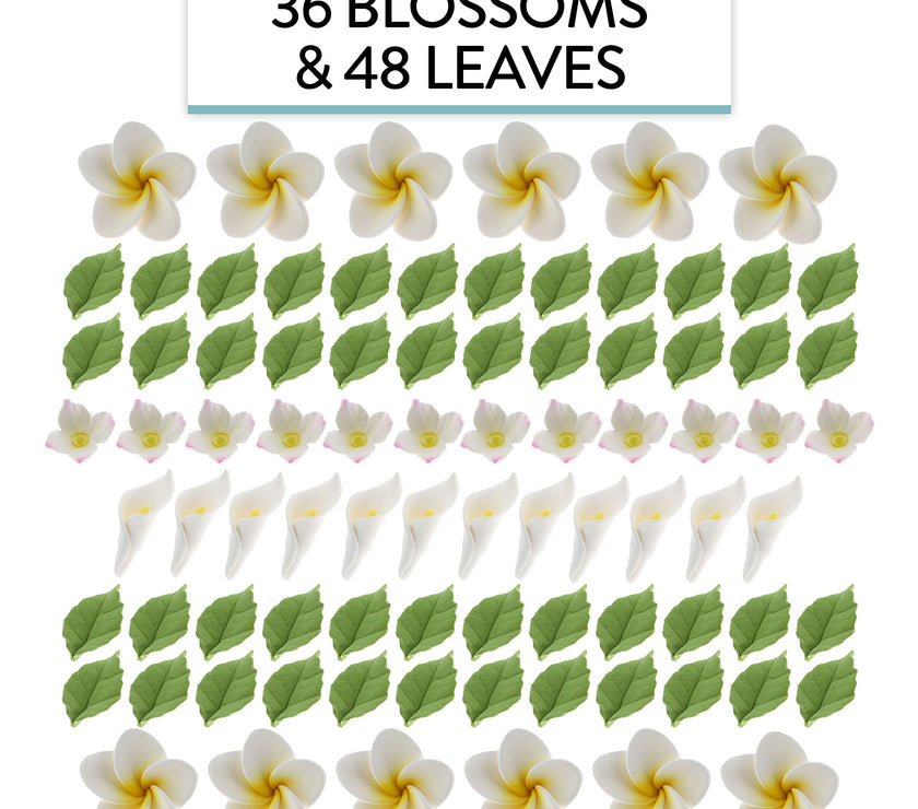 Tropical Flower Kit with Leaves, Gum Paste Frangipani Plumeria Cake Flowers, 36 Count Set, by Global Sugar Art