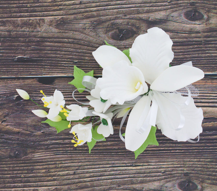 Orchid Sugar Cake Flower Sprays, White Cattleya Orchid Spray, by Global Sugar Art