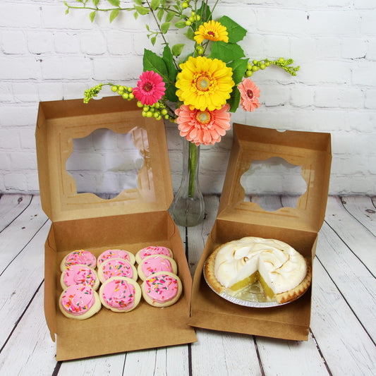 10 x 10 x 3 Inch Kraft Pastry Boxes with Windows, Natural Brown