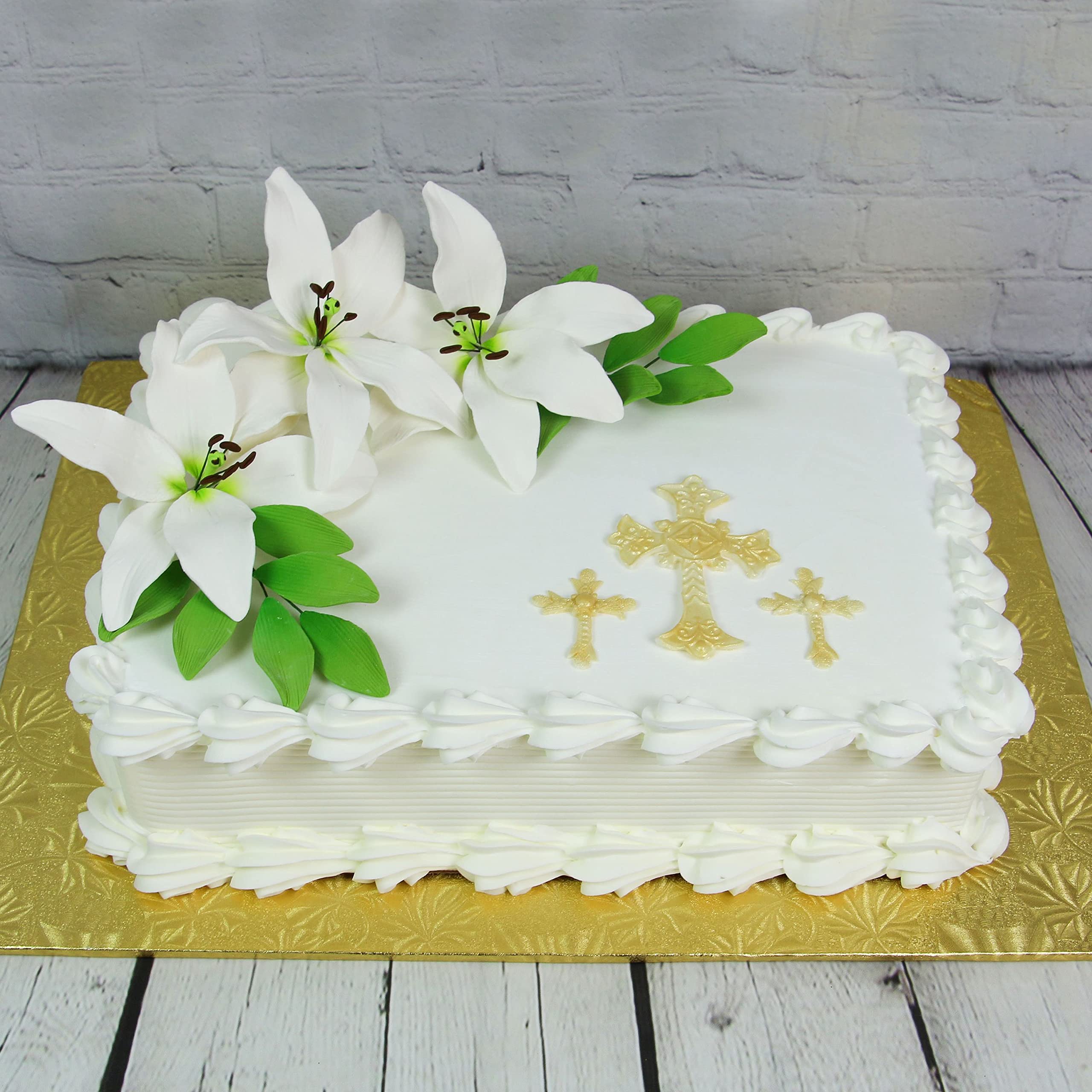 Easter Lily Sugar Flowers, Longiflorum Lilies with Leaf Sprays, by Global Sugar Art, White, 3 Count