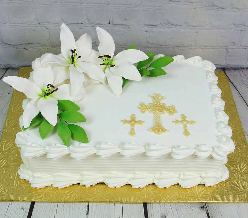 Easter Lily Sugar Flowers, Longiflorum Lilies with Leaf Sprays, by Global Sugar Art, White, 3 Count