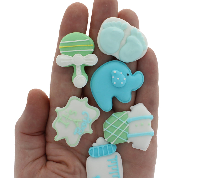 Baby Shower Edible Kosher Royal Icing Decorations for Cakes and Cupcakes, by Global Sugar Art, Baby Boy