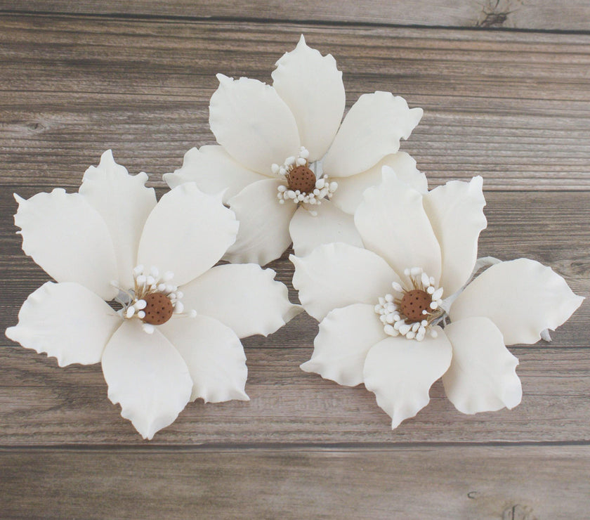 Clematis Gum Paste Sugar Cake Flowers by Global Sugar Art, White, 3 Count