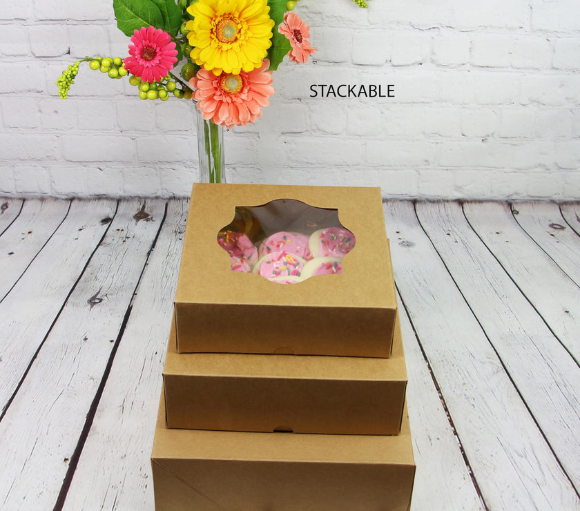 Kraft Pastry Boxes with Windows, Natural Brown, Auto Popup, Sturdy