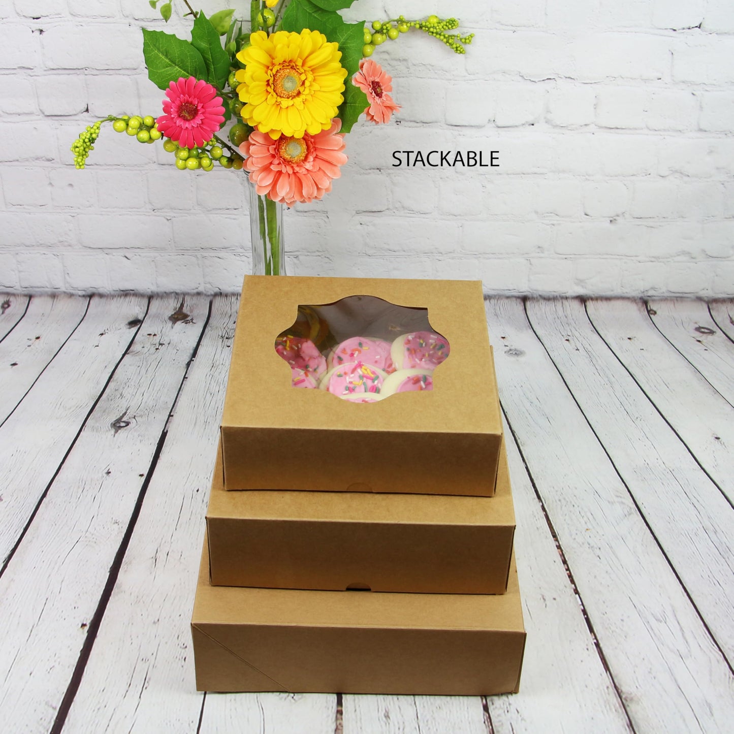 10 x 10 x 3 Inch Kraft Pastry Boxes with Windows, Natural Brown