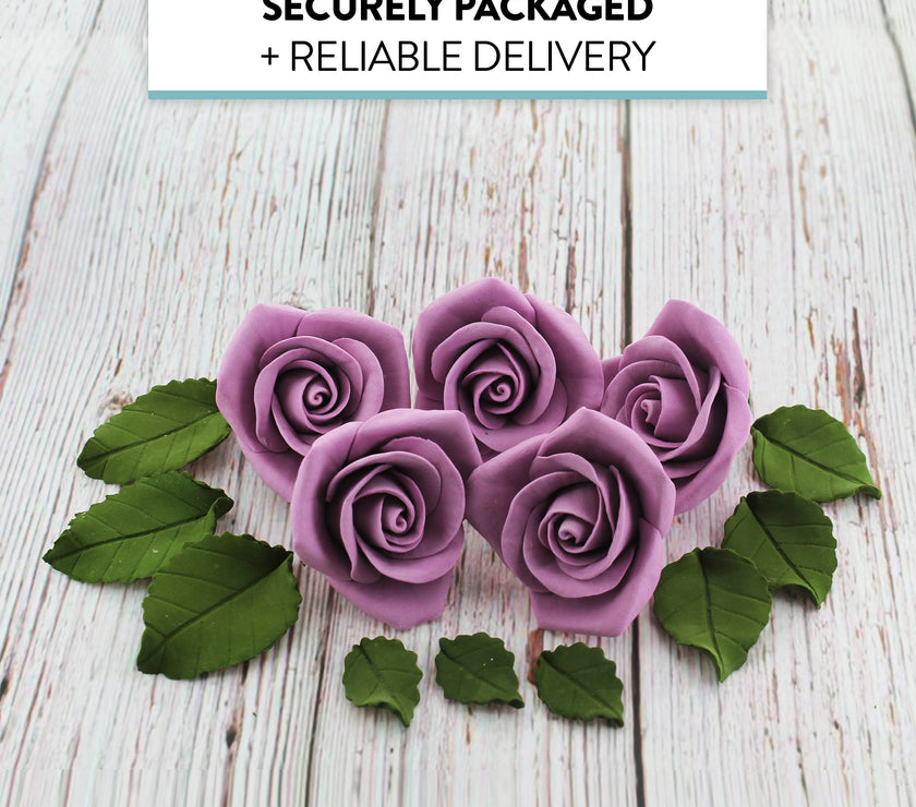 Peace Rose Sugar Flowers with Leaves, Cake Decorating Kit, by Global Sugar Art, Medium, Lavender