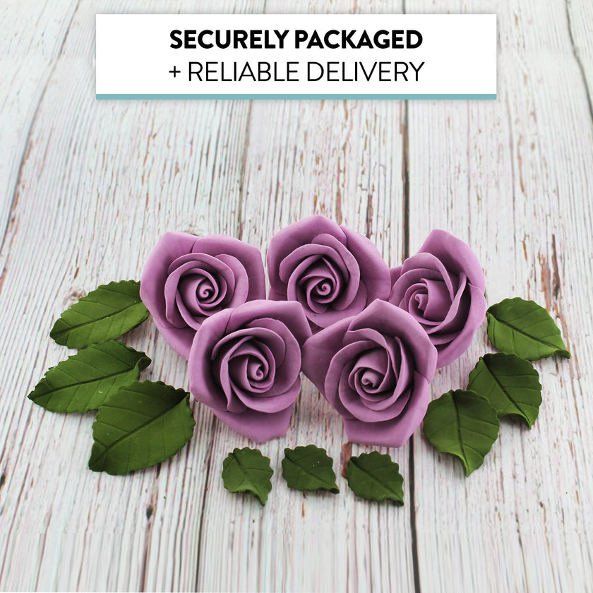 Peace Rose Sugar Flowers with Leaves, Cake Decorating Kit, by Global Sugar Art, Medium, Lavender