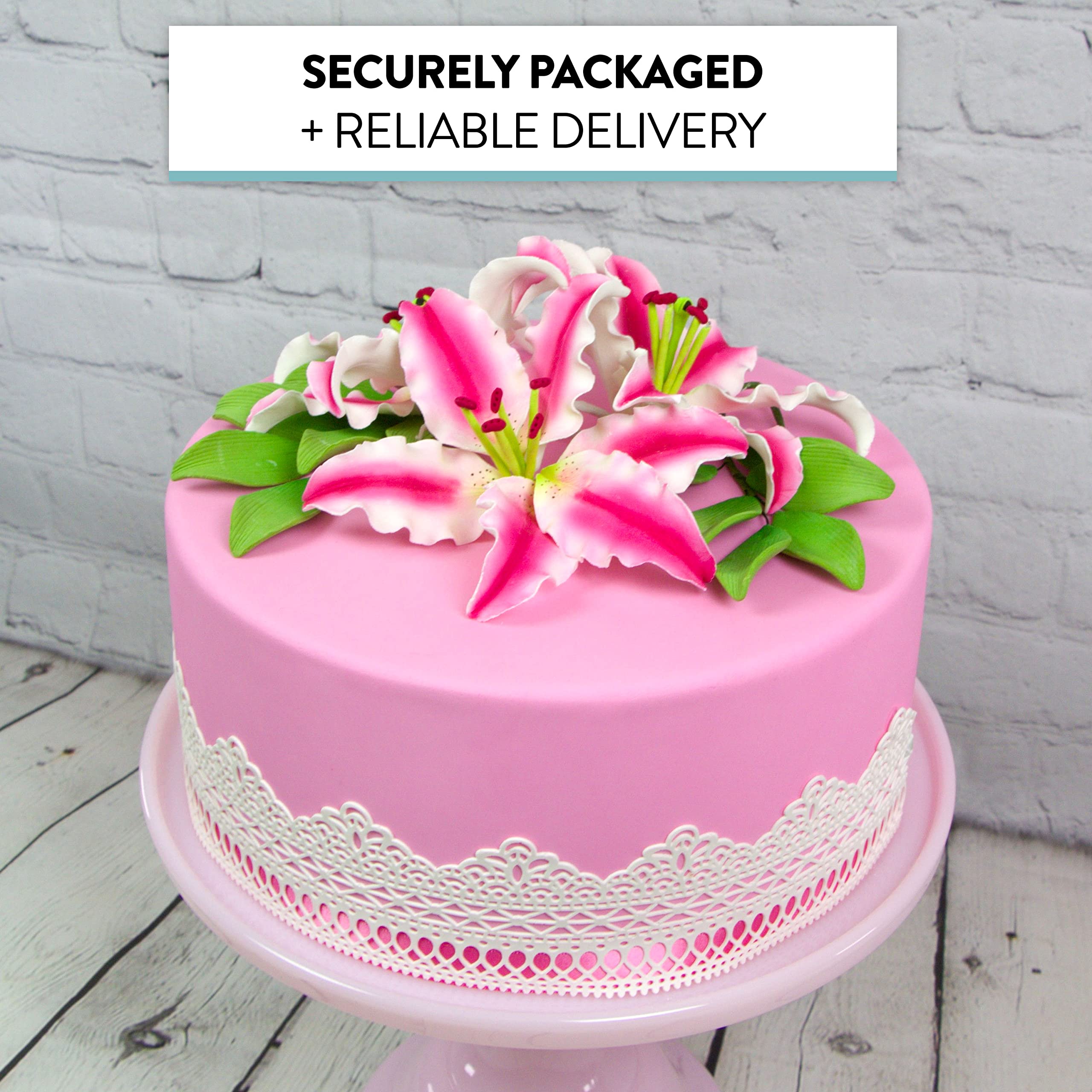 Stargazer Lily Sugar Flowers with Leaf Sprays by Global Sugar Art, Pink and White, 3 Count