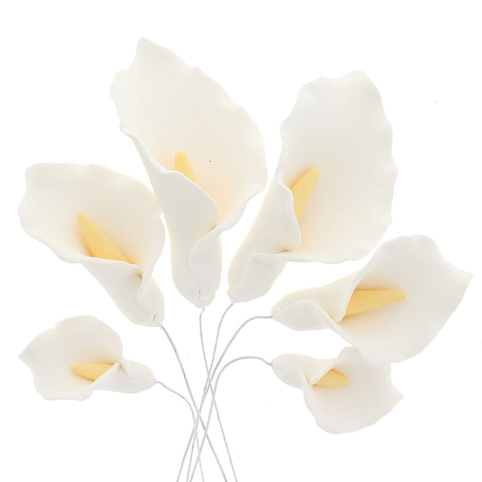 Calla Lily Sugar Cake Flowers by Global Sugar Art, White with Yellow, Wired, 3 Sizes, 6 Count