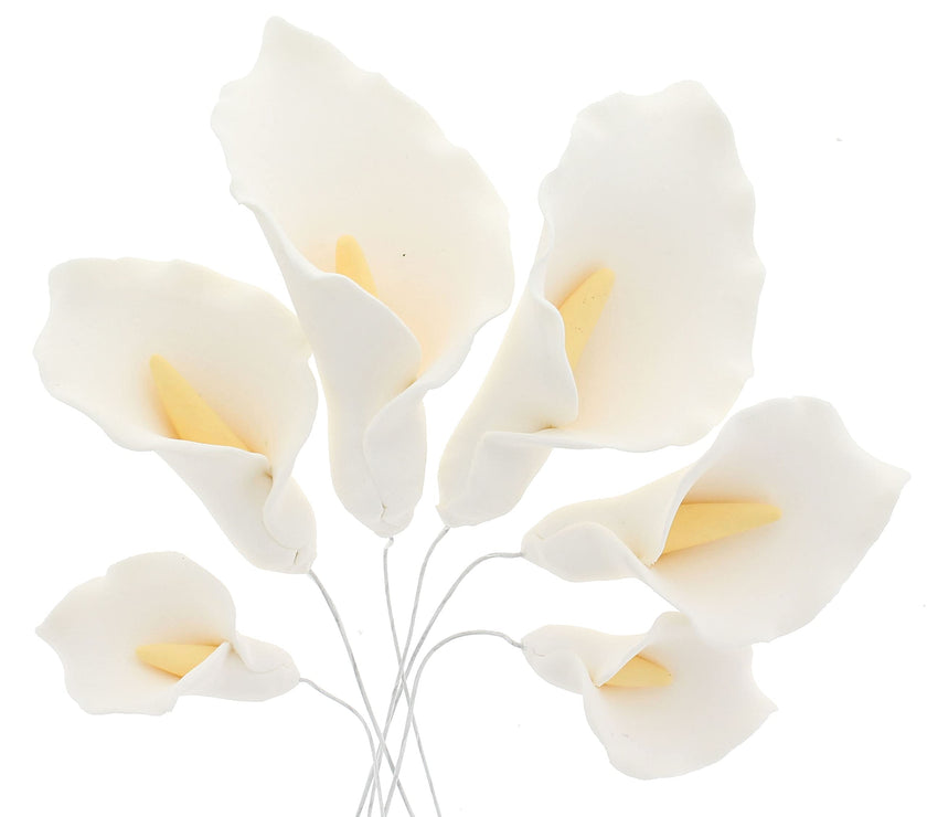 Calla Lily Sugar Cake Flowers by Global Sugar Art, White with Yellow, Wired, 3 Sizes, 6 Count