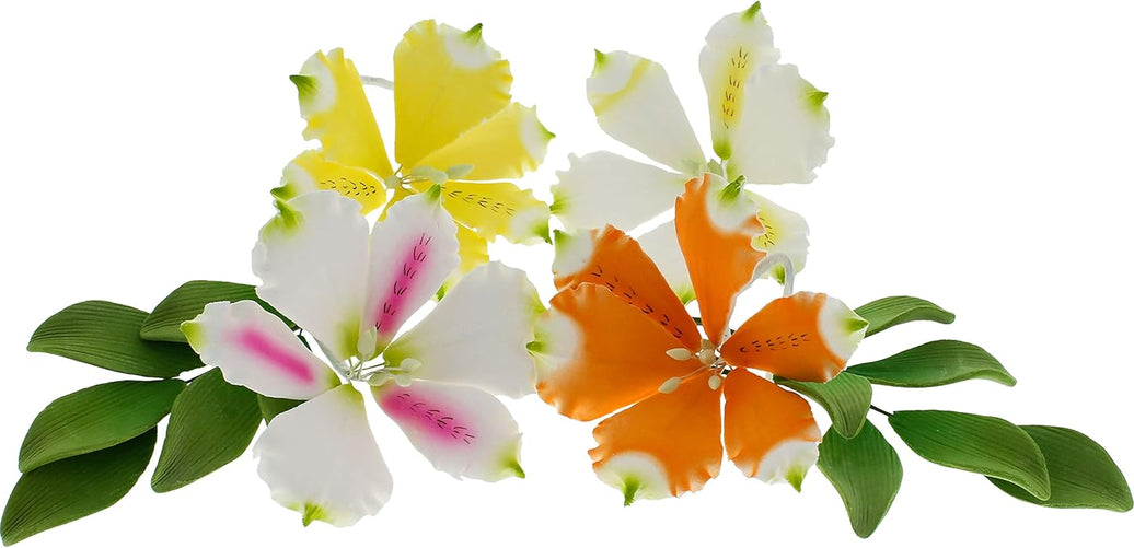 Global Sugar Art Alstroemeria Sugar Cake Flowers, Assorted Colors, 6 Count Set with Leaf Sprays by Chef Alan Tetreault