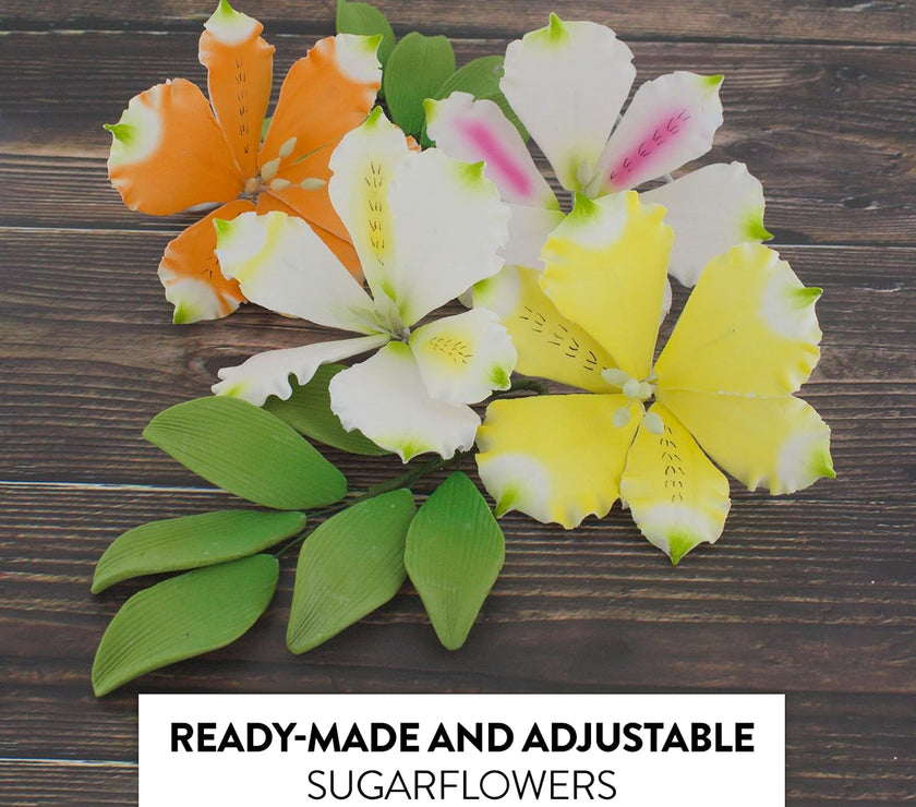 Global Sugar Art Alstroemeria Sugar Cake Flowers, Assorted Colors, 6 Count Set with Leaf Sprays by Chef Alan Tetreault