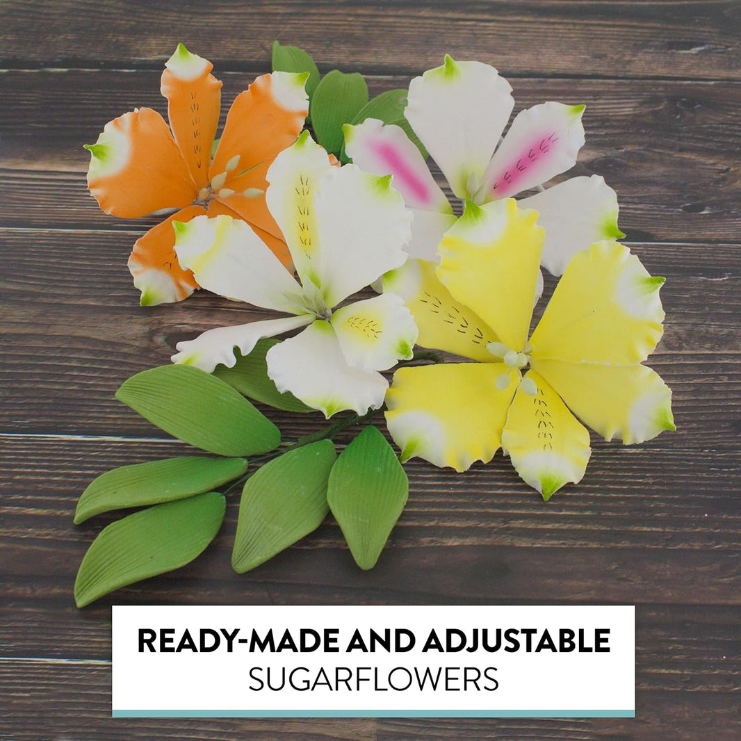 Global Sugar Art Alstroemeria Sugar Cake Flowers, Assorted Colors, 6 Count Set with Leaf Sprays by Chef Alan Tetreault