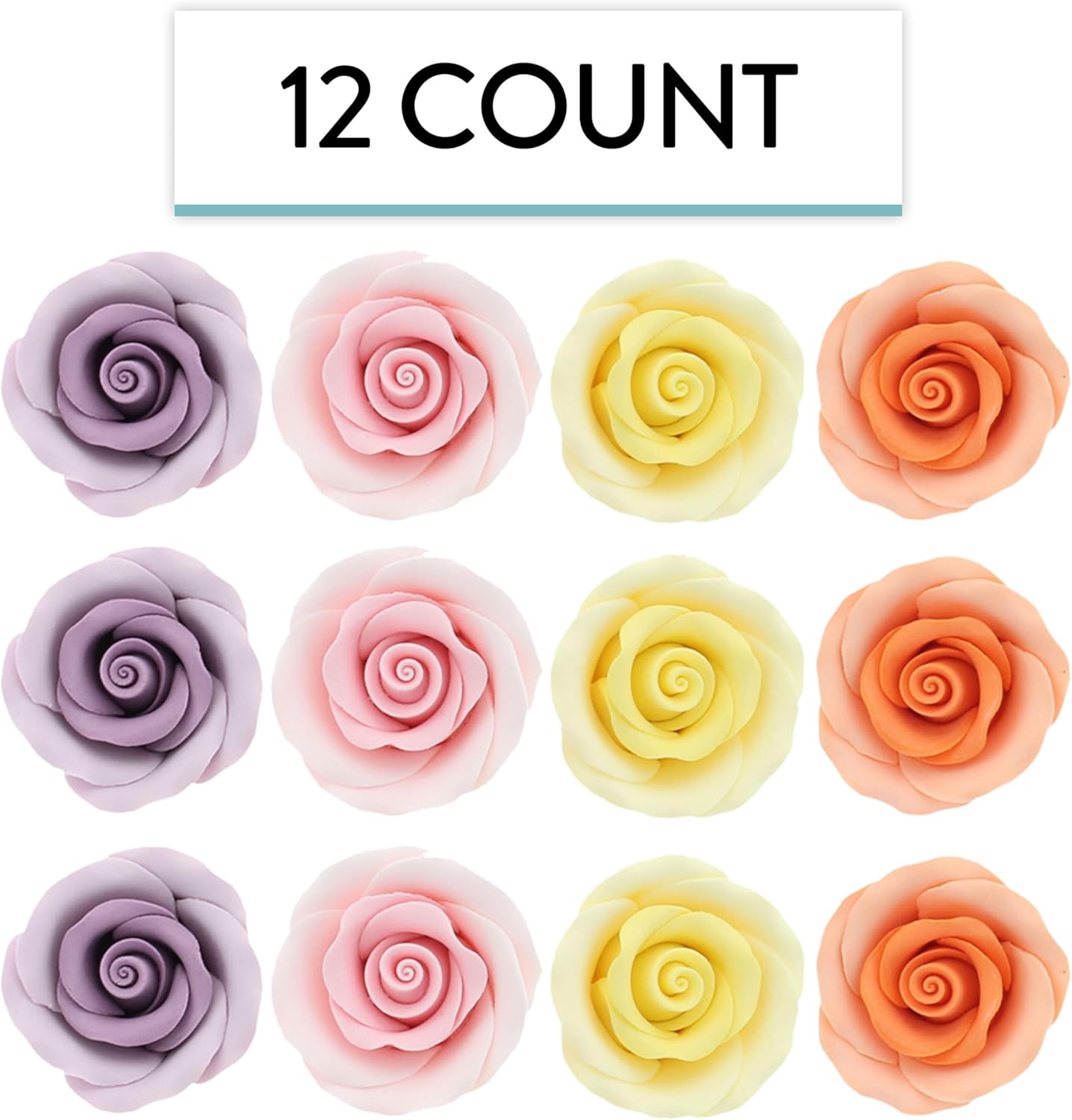 Assorted Pastel Edible Roses, Premium, 1.5-inch, 12 Count