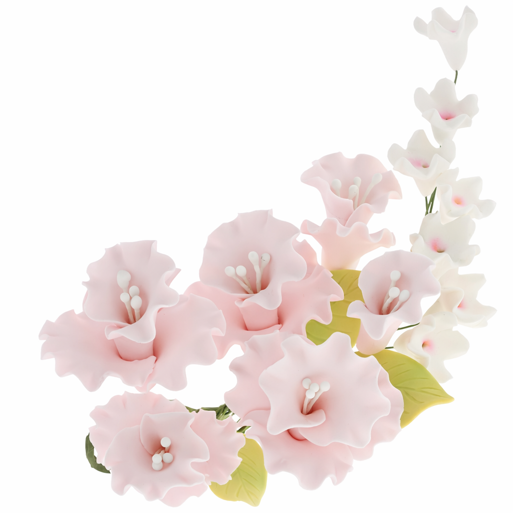 Flower Blossom Spray, Gum Paste Sugar Flowers for Cake Decorating, Soft Pink Cherry Blossoms with Leaves
