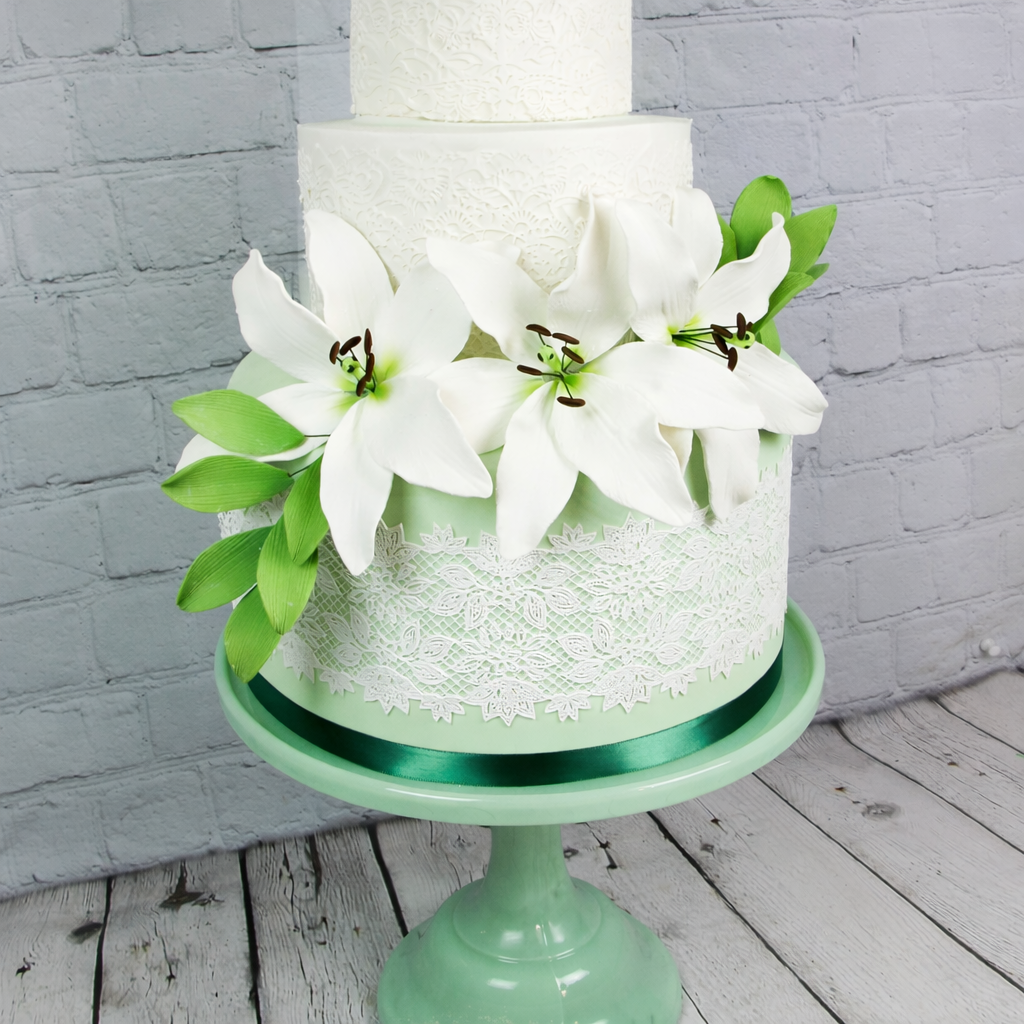 Easter Lily Sugar Flowers, Longiflorum Lilies with Leaf Sprays, by Global Sugar Art, White, 3 Count