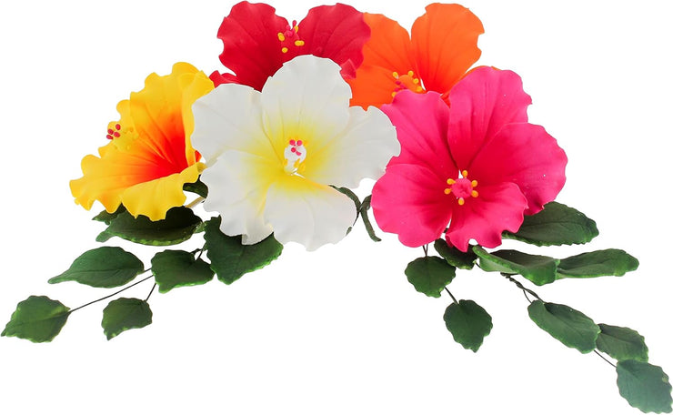 Global Sugar Art Hibiscus Sugar Cake Flowers, Assorted Colors Hawaiian Cake Flower Large, 5 Count and Leaf Sprays by Chef Alan Tetreault