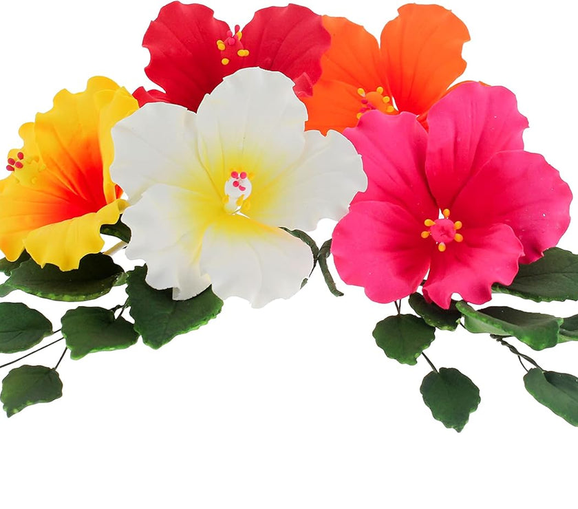 Global Sugar Art Hibiscus Sugar Cake Flowers, Assorted Colors Hawaiian Cake Flower Large, 5 Count and Leaf Sprays by Chef Alan Tetreault