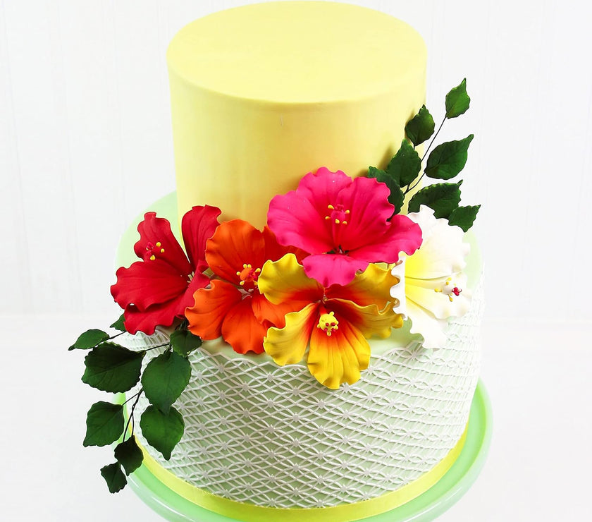 Global Sugar Art Hibiscus Sugar Cake Flowers, Assorted Colors Hawaiian Cake Flower Large, 5 Count and Leaf Sprays by Chef Alan Tetreault