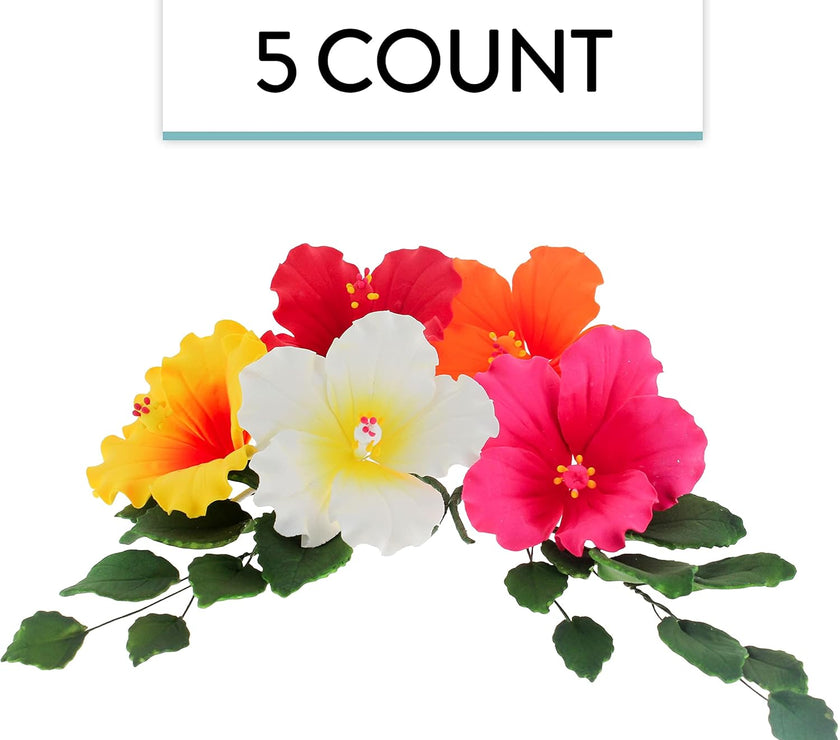 Global Sugar Art Hibiscus Sugar Cake Flowers, Assorted Colors Hawaiian Cake Flower Large, 5 Count and Leaf Sprays by Chef Alan Tetreault
