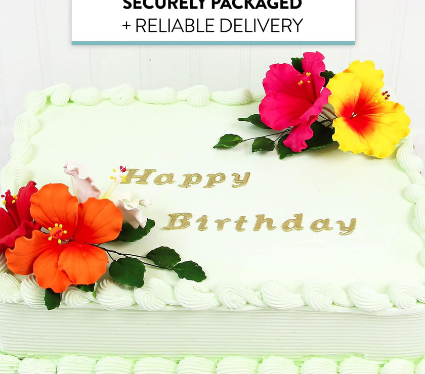 Global Sugar Art Hibiscus Sugar Cake Flowers, Assorted Colors Hawaiian Cake Flower Large, 5 Count and Leaf Sprays by Chef Alan Tetreault