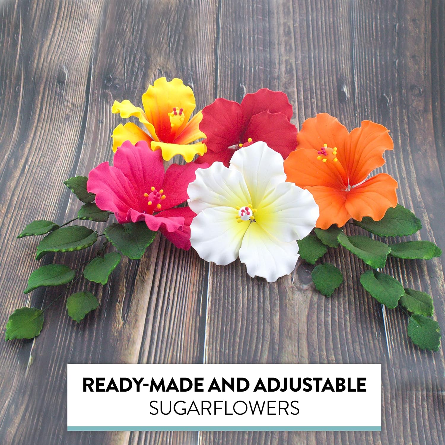 Global Sugar Art Hibiscus Sugar Cake Flowers, Assorted Colors Hawaiian Cake Flower Large, 5 Count and Leaf Sprays by Chef Alan Tetreault