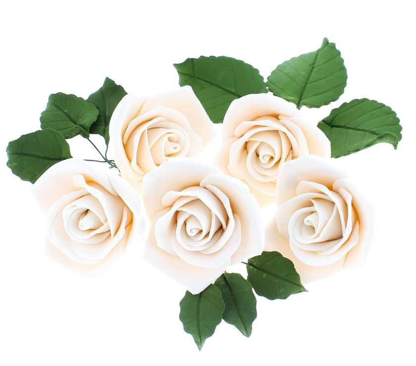 Peace Rose Sugar Flowers with Leaves, Cake Decorating Kit, by Global Sugar Art, Medium, Ivory