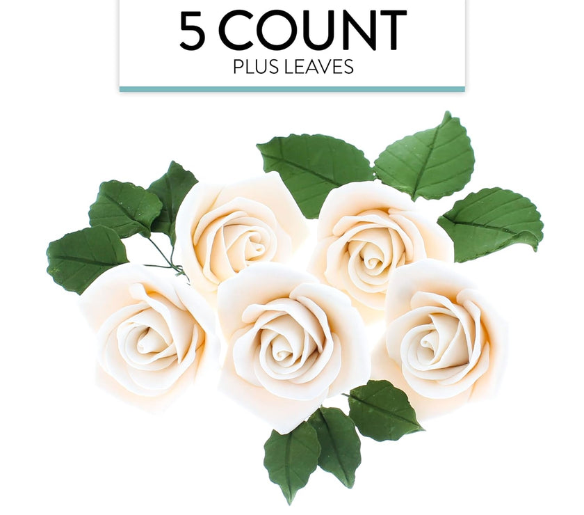 Peace Rose Sugar Flowers with Leaves, Cake Decorating Kit, by Global Sugar Art, Medium, Ivory