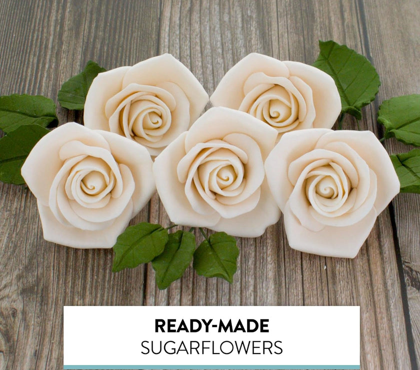 Peace Rose Sugar Flowers with Leaves, Cake Decorating Kit, by Global Sugar Art, Medium, Ivory