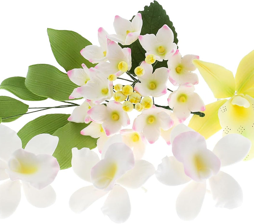 Orchid Sugar Cake Flower Sprays, Summer Orchid Mix with Leaves, by Global Sugar Art, 6 Count