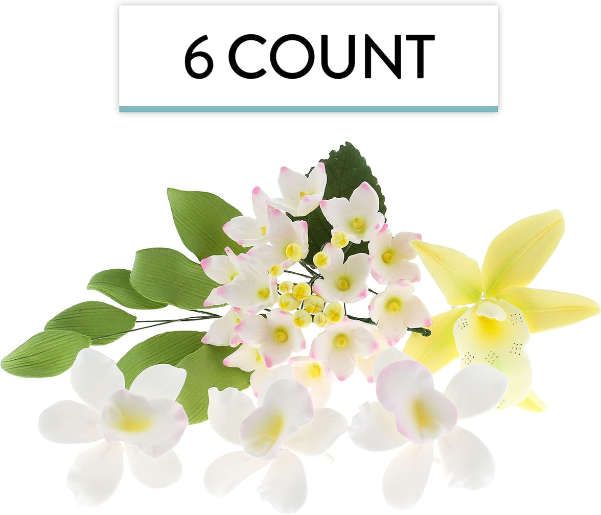 Orchid Sugar Cake Flower Sprays, Summer Orchid Mix with Leaves, by Global Sugar Art, 6 Count