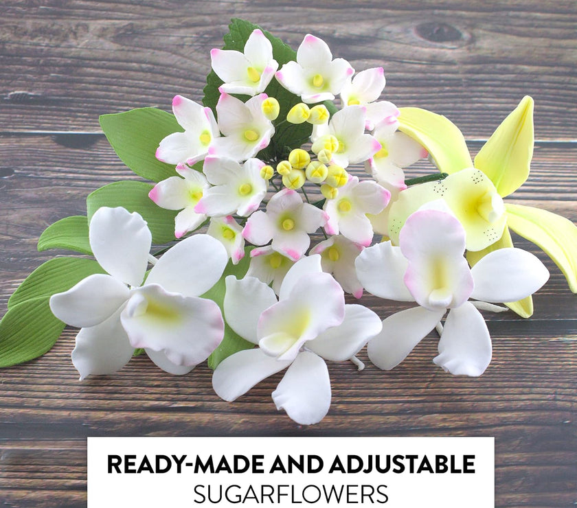 Orchid Sugar Cake Flower Sprays, Summer Orchid Mix with Leaves, by Global Sugar Art, 6 Count