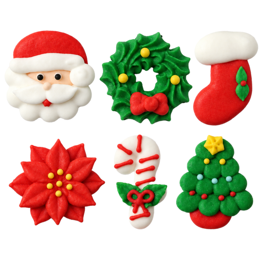 Christmas Cupcake Toppers, Wreath/Poinsettia Pack - edible royal icing poinsettia and wreath designs
