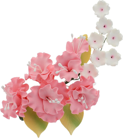 Flower Blossom Spray, Gum Paste Sugar Flowers for Cake Decorating, Pink Cherry Blossoms with Leaves