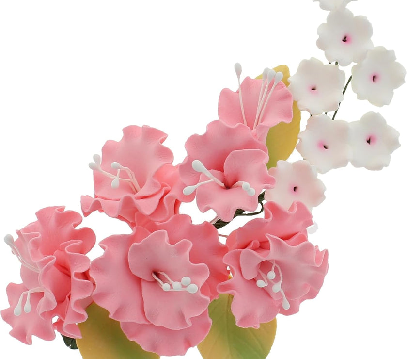 Flower Blossom Spray, Gum Paste Sugar Flowers for Cake Decorating, Pink Cherry Blossoms with Leaves