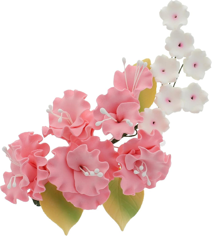 Flower Blossom Spray, Gum Paste Sugar Flowers for Cake Decorating, Pink Cherry Blossoms with Leaves