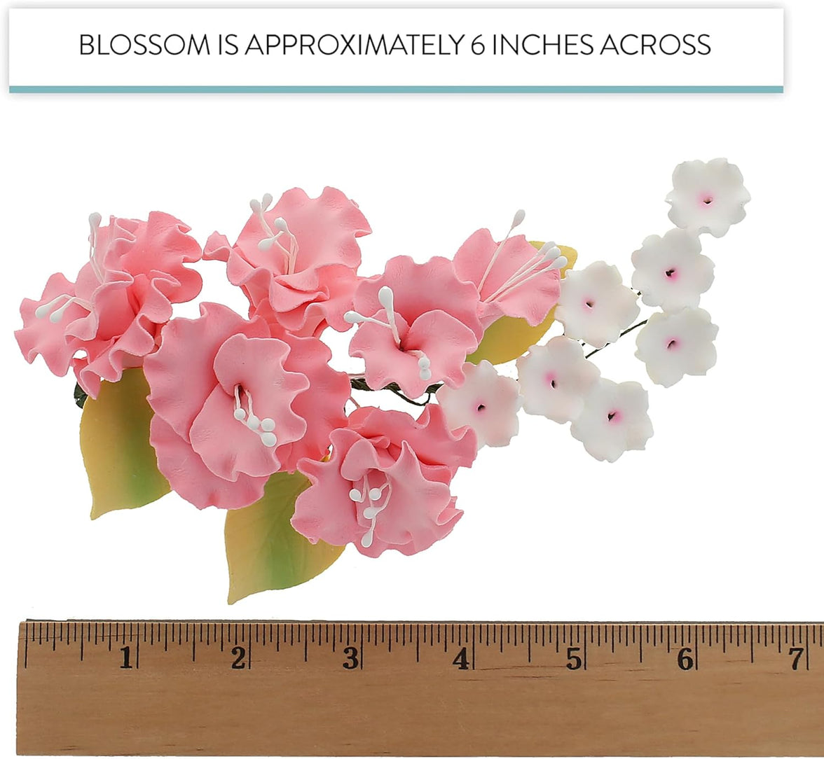 Flower Blossom Spray, Gum Paste Sugar Flowers for Cake Decorating, Pink Cherry Blossoms with Leaves