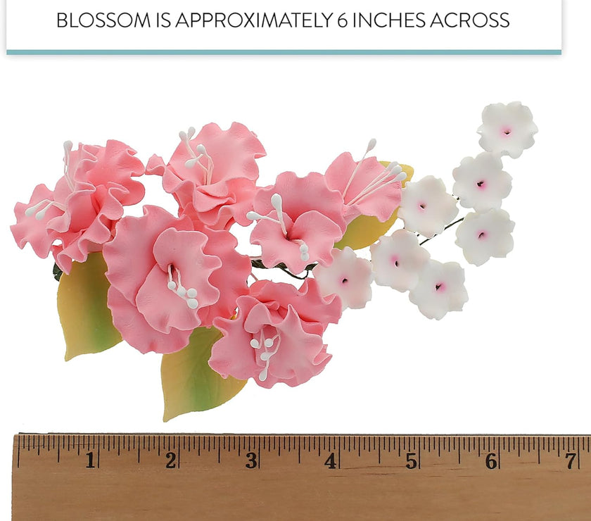 Flower Blossom Spray, Gum Paste Sugar Flowers for Cake Decorating, Pink Cherry Blossoms with Leaves