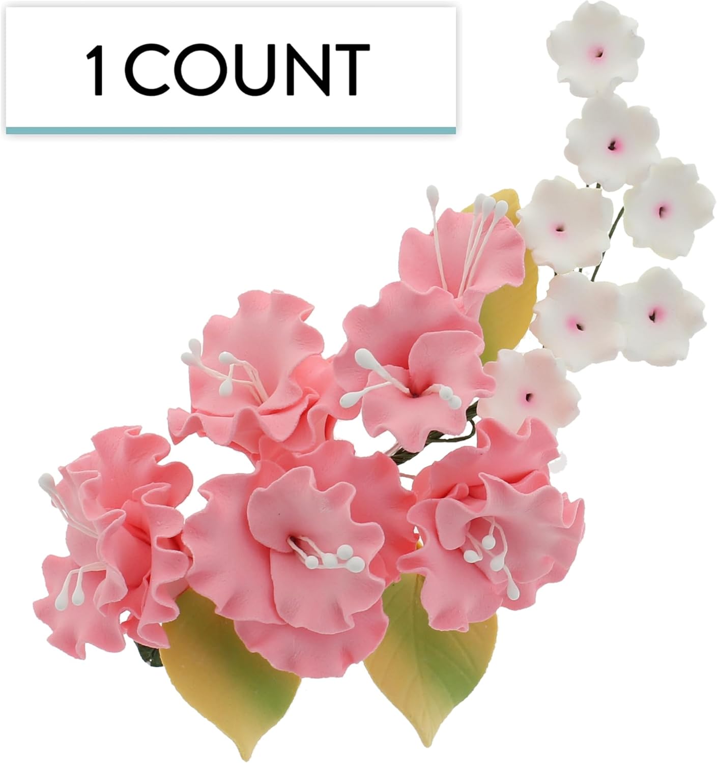 Flower Blossom Spray, Gum Paste Sugar Flowers for Cake Decorating, Pink Cherry Blossoms with Leaves