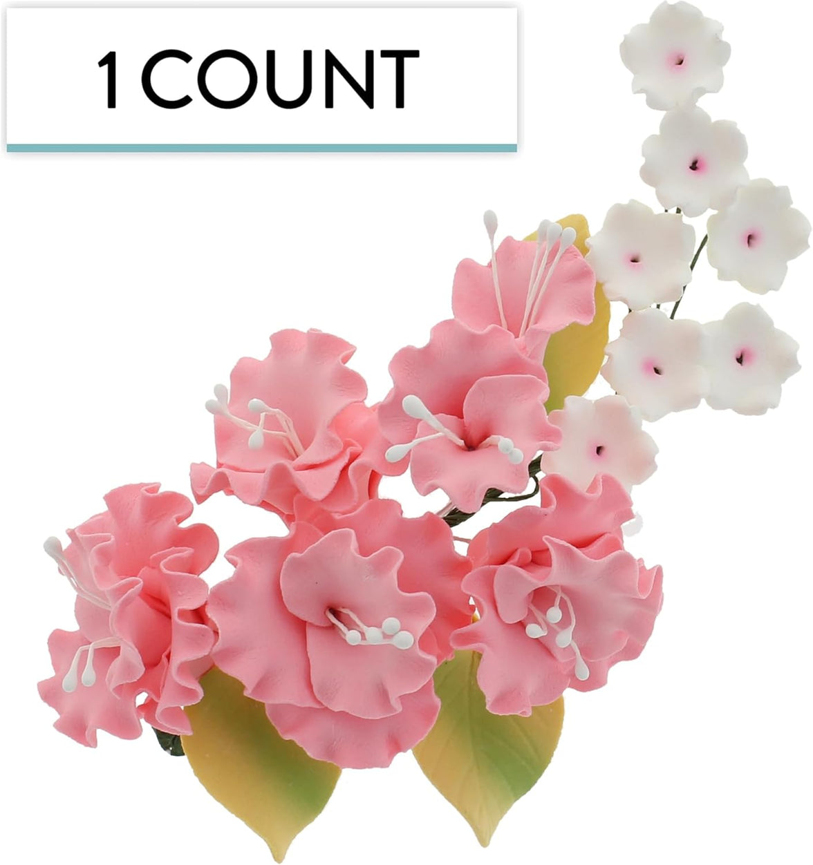 Flower Blossom Spray, Gum Paste Sugar Flowers for Cake Decorating, Pink Cherry Blossoms with Leaves