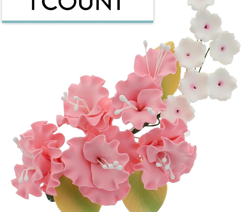 Flower Blossom Spray, Gum Paste Sugar Flowers for Cake Decorating, Pink Cherry Blossoms with Leaves